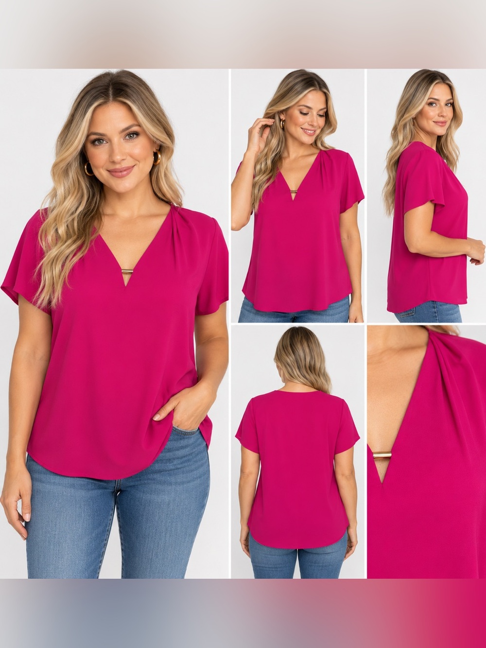 Calvin Klein Women's V-Neck short Sleeve Blouse with Gold Detail size small